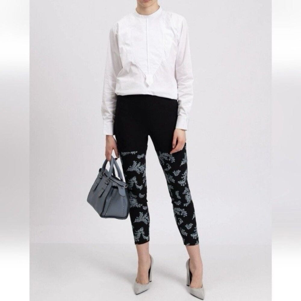 Cinq A Sept Marin Embroidered Cropped Ankle Leggings Pants Black Blue Size 2